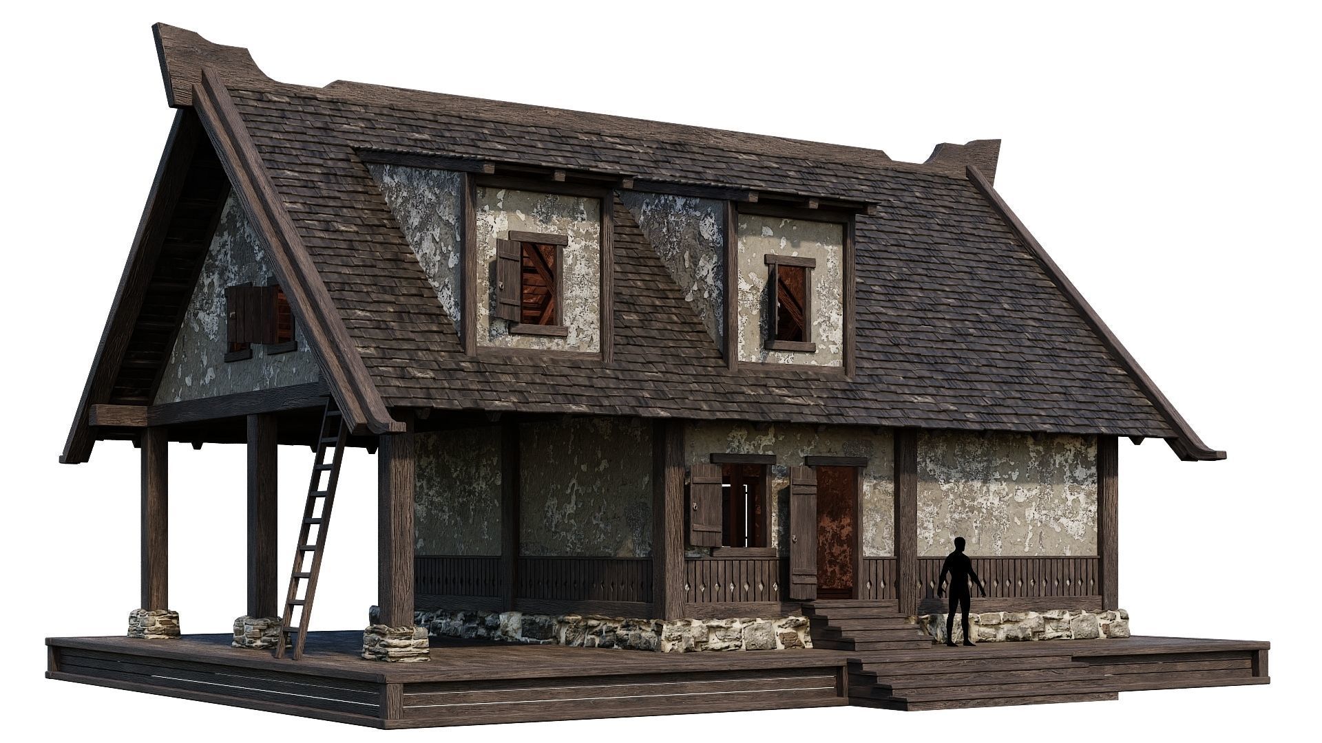 4 Old Medieval Houses Building Pack 4K Tex GameReady 93 to 96 Low-poly 3D model_7