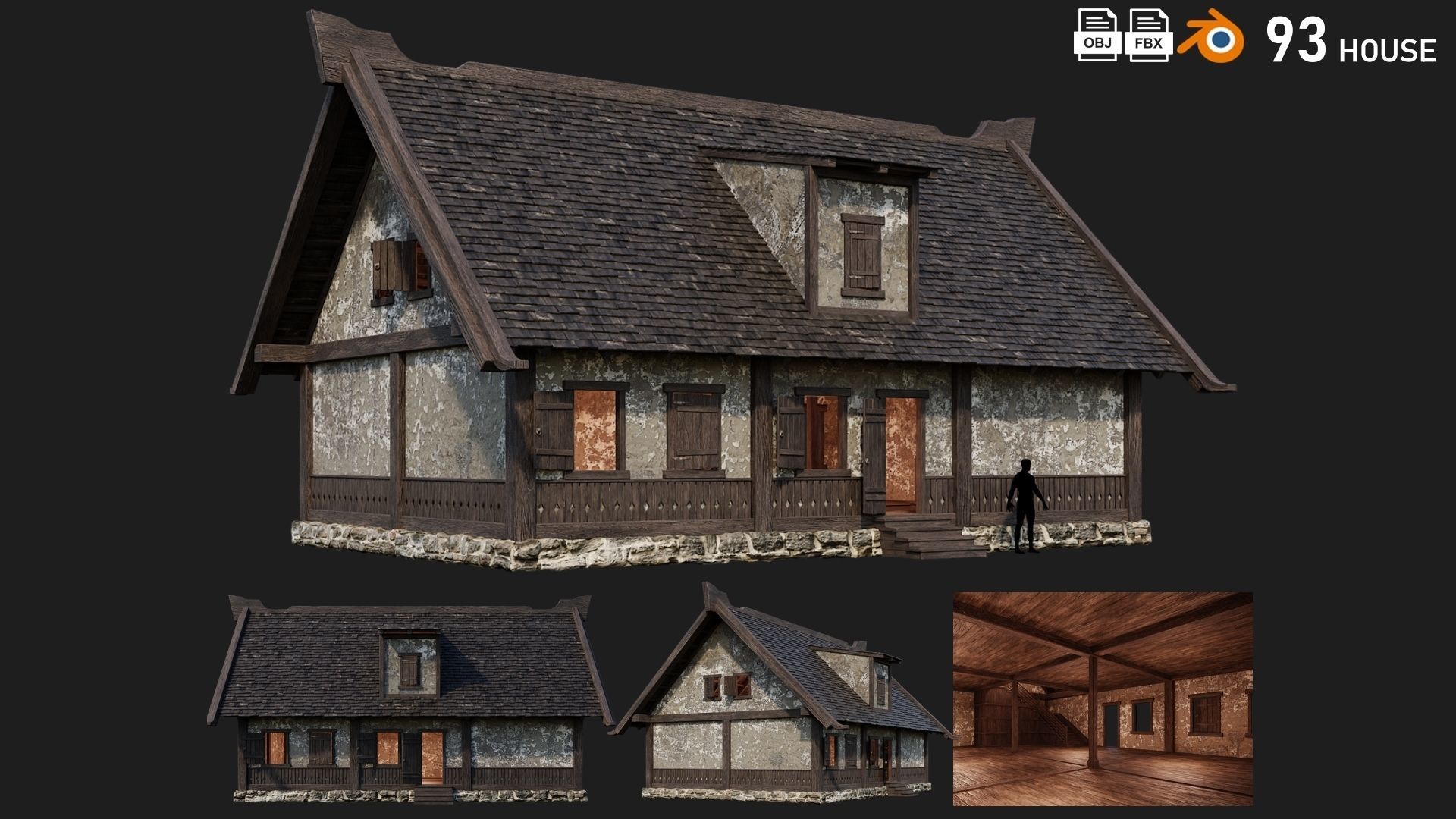 4 Old Medieval Houses Building Pack 4K Tex GameReady 93 to 96 Low-poly 3D model_1