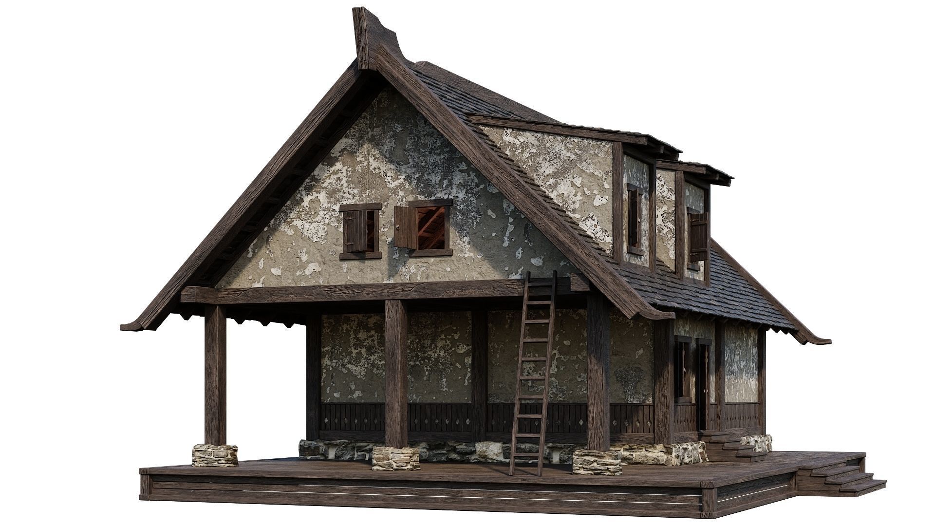 4 Old Medieval Houses Building Pack 4K Tex GameReady 93 to 96 Low-poly 3D model_38