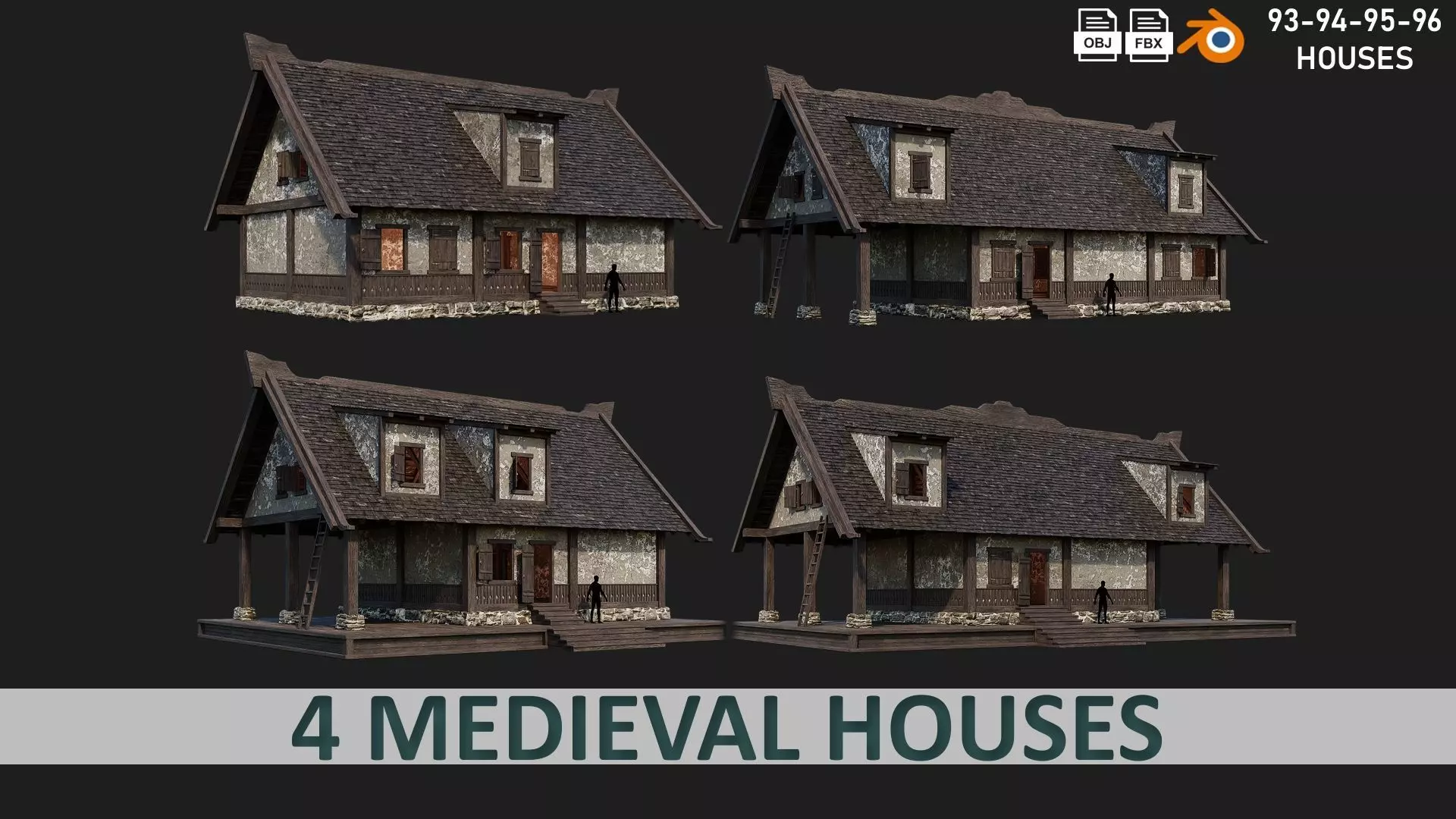 4 Old Medieval Houses Building Pack 4K Tex GameReady 93 to 96 Low-poly 3D model_0