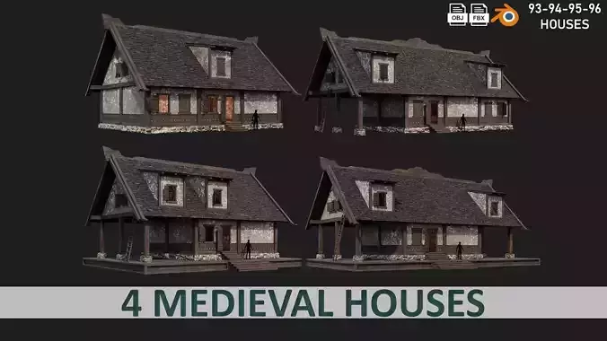 4 Old Medieval Houses Building Pack 4K Tex GameReady 93 to 96 Low-poly 3D model