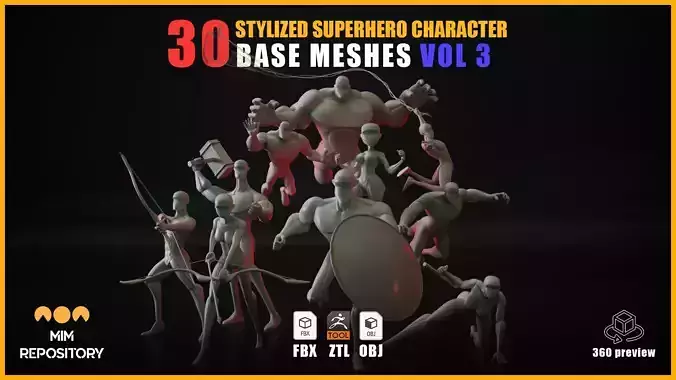 30 Stylized Superhero Character Base Meshes - VOL 3