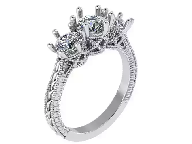 3-Stone Diamond Engraved Ring 0701