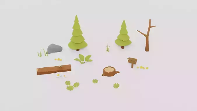 Flowers Plants Stones Trees Grass Nature VR AR Low Poly 