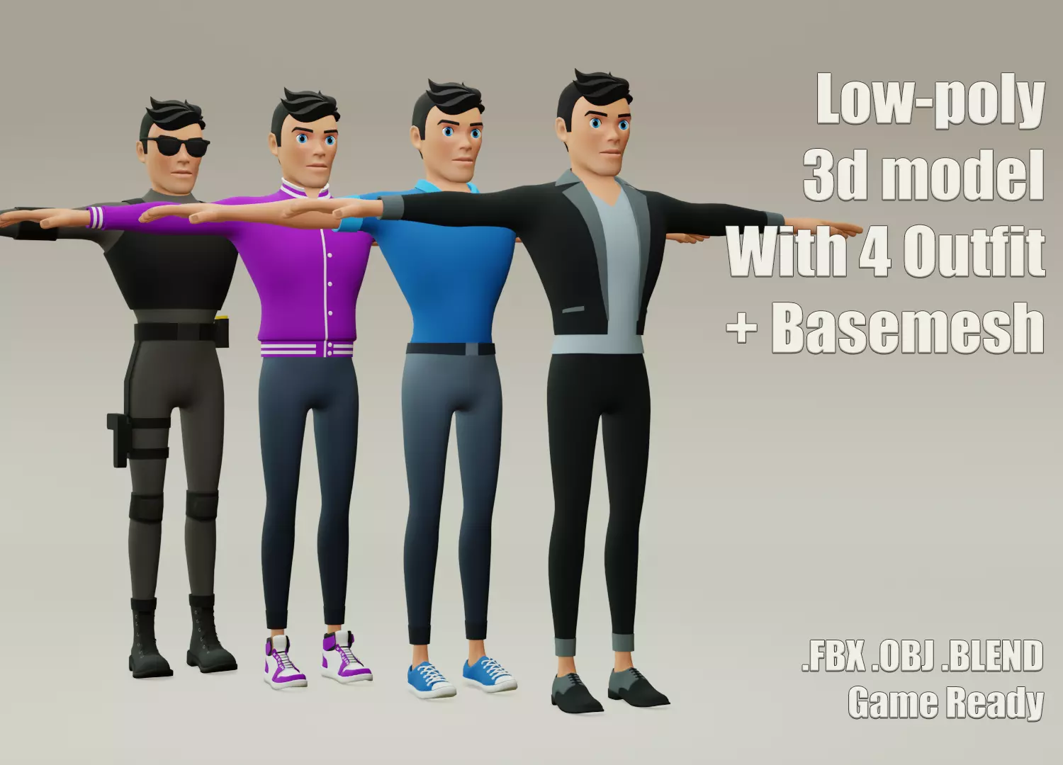 Male cartoon character with 4 outfit Low-poly 3D model_0