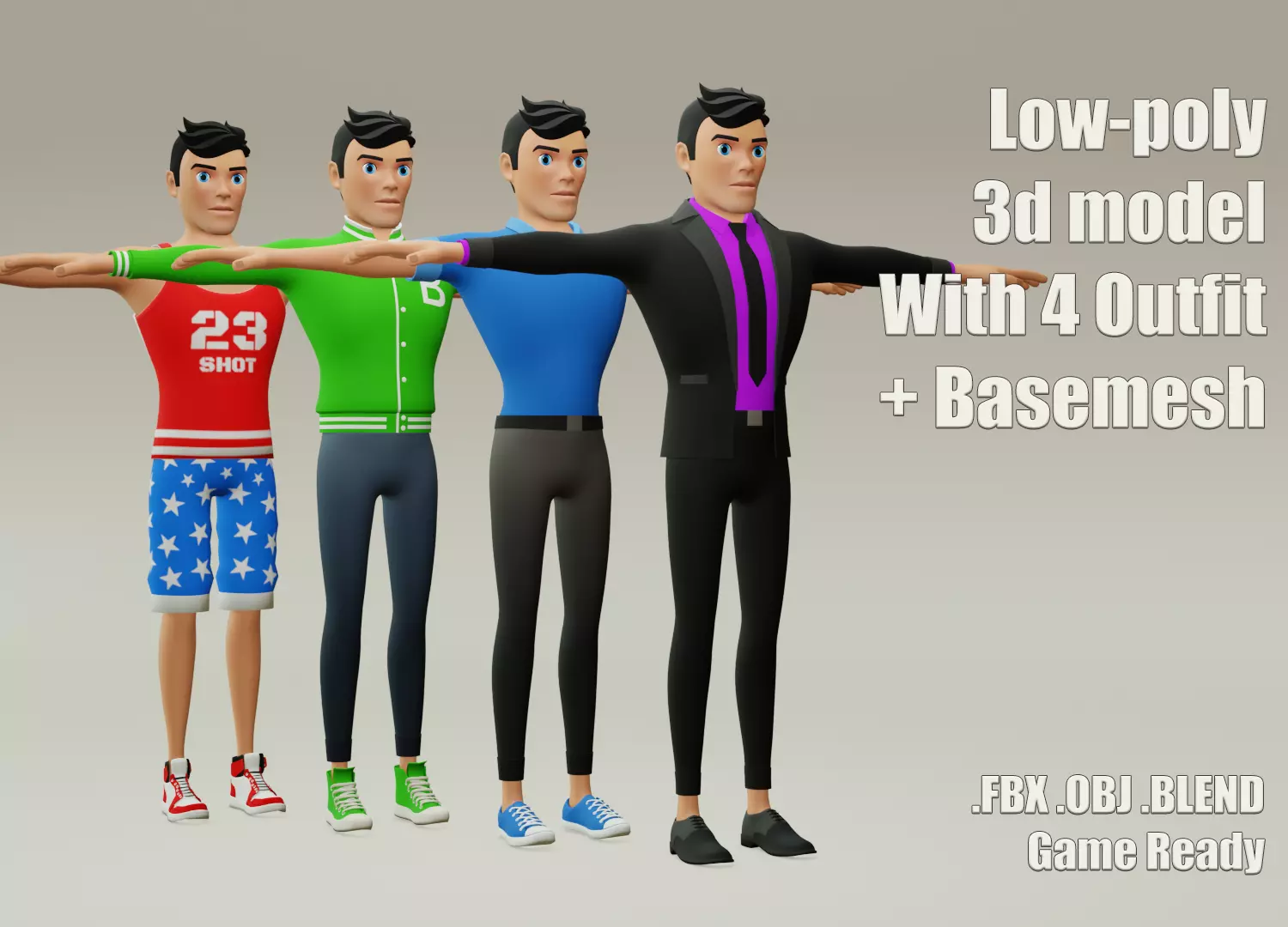 Male cartoon character with 4 outfit Low-poly 3D model_0
