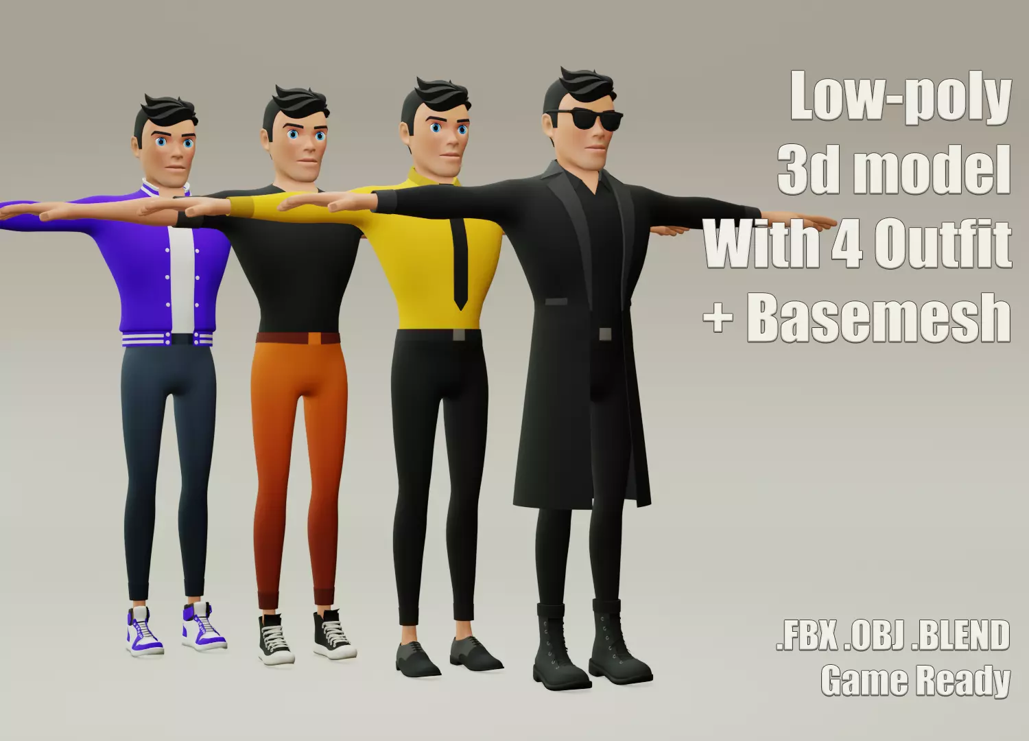 Male cartoon character with 4 outfit Low-poly 3D model_0