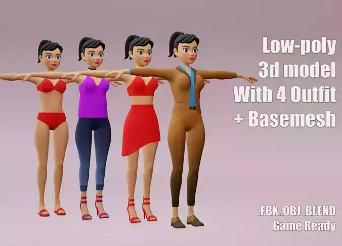 Female cartoon character with 4 outfit