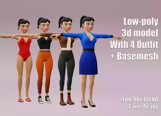 Female cartoon character with 4 outfit