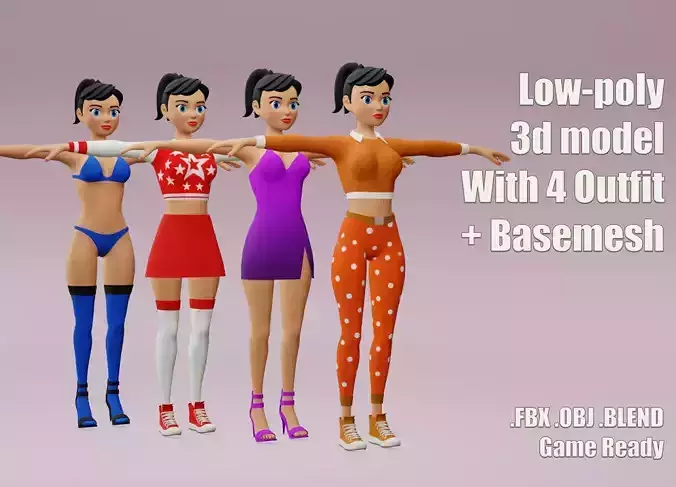 Female cartoon character with 4 outfit