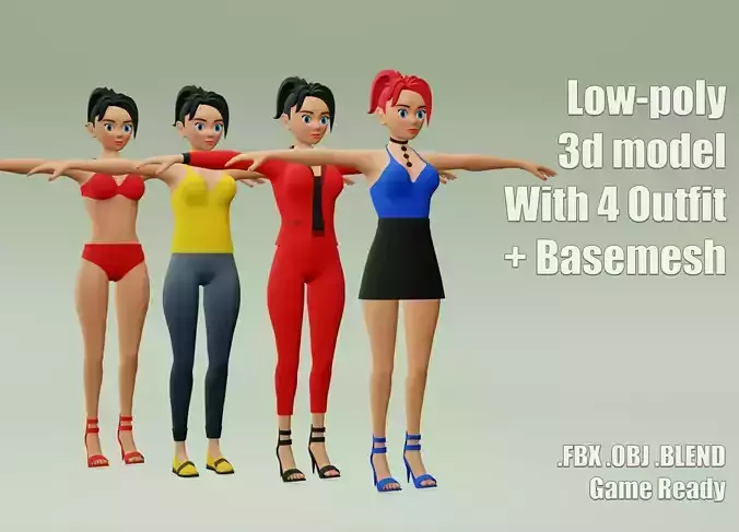 Female cartoon character with 4 outfit