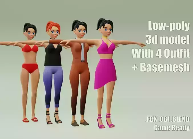 Female cartoon character with 4 outfit