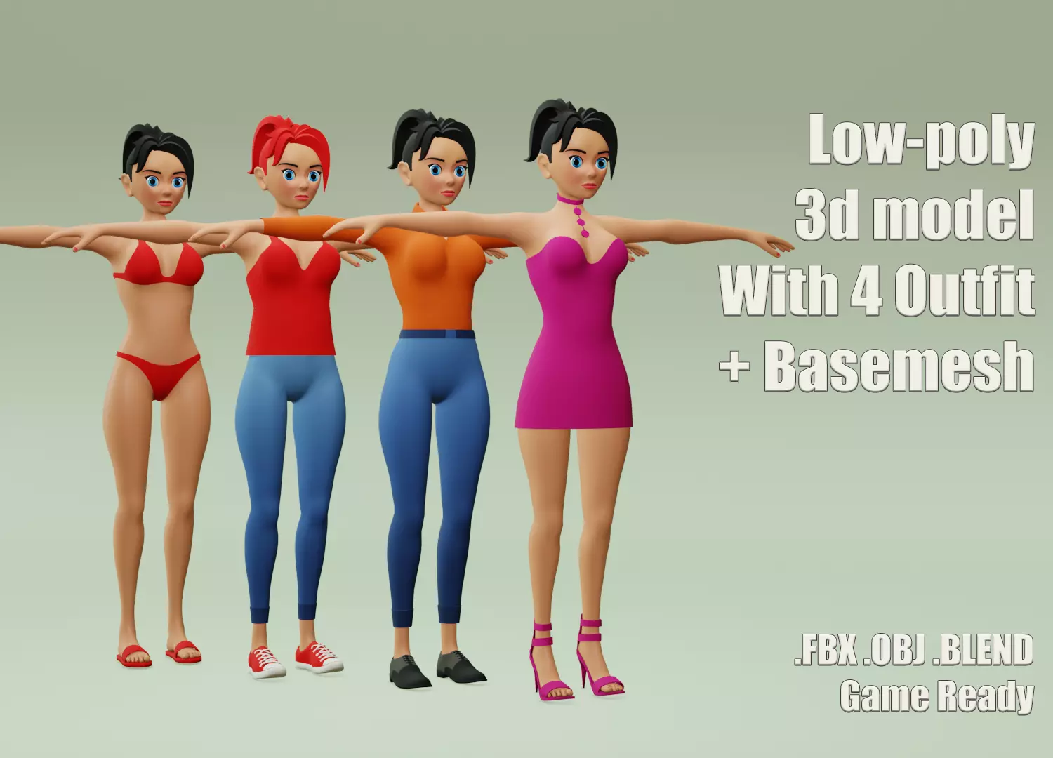 Female cartoon character with 4 outfit Low-poly 3D model_0