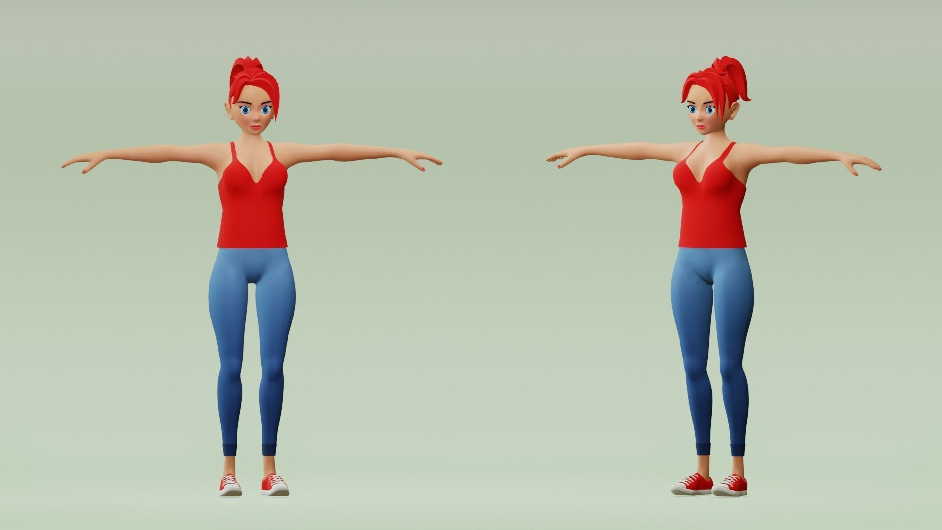 Female cartoon character with 4 outfit Low-poly 3D model_8