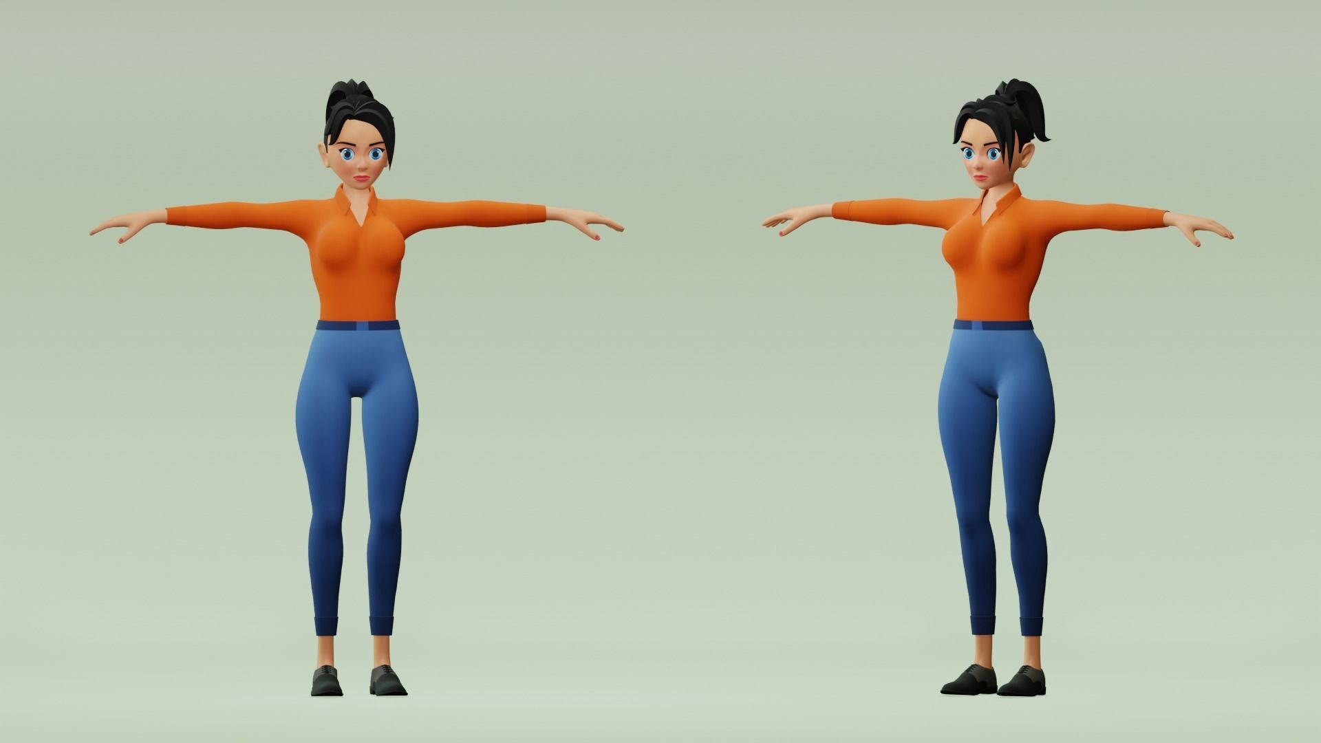 Female cartoon character with 4 outfit Low-poly 3D model_5