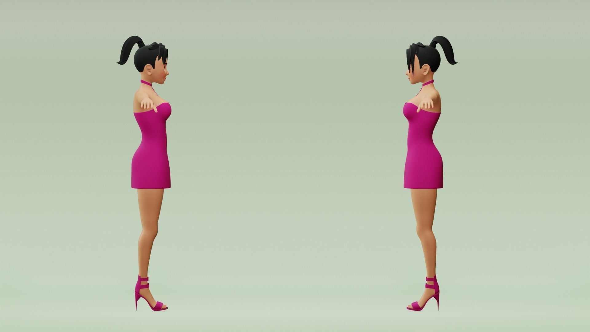 Female cartoon character with 4 outfit Low-poly 3D model_4