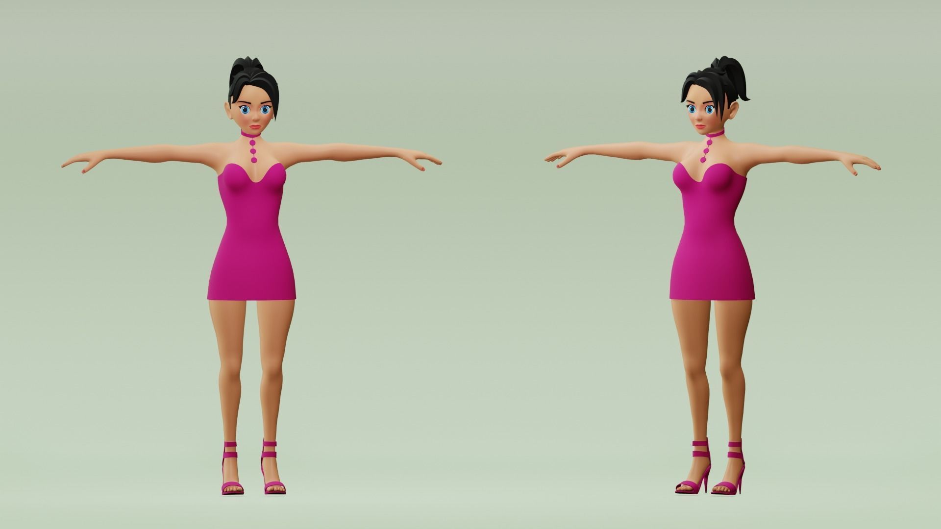 Female cartoon character with 4 outfit Low-poly 3D model_2