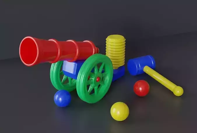Childrens plastic toy Cannon with hammer and colored balls 