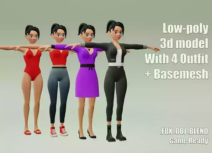 Female cartoon character with 4 outfit