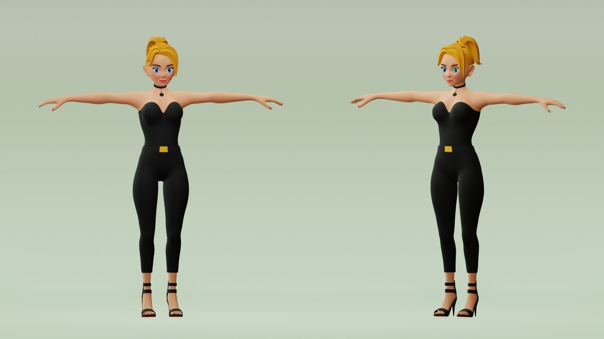 Female cartoon character with 4 outfit Low-poly 3D model_2
