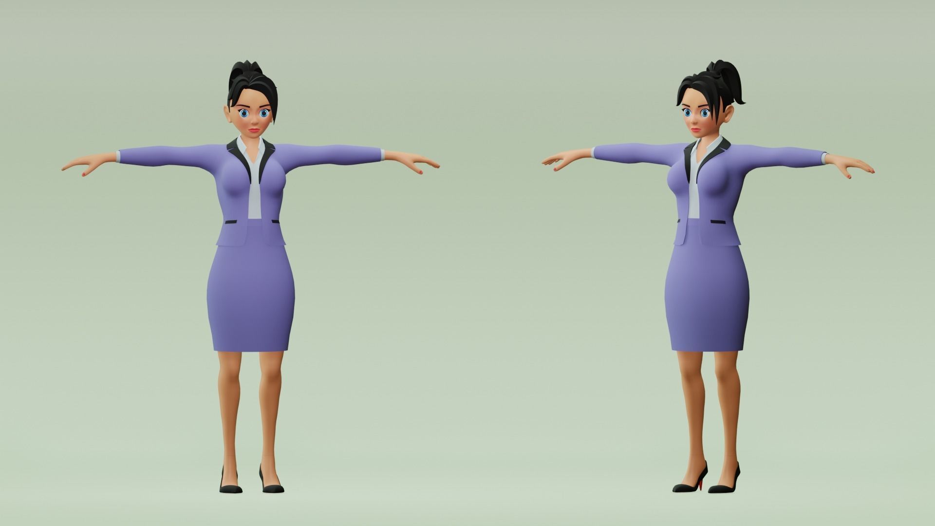 Female cartoon character with 4 outfit Low-poly 3D model_5
