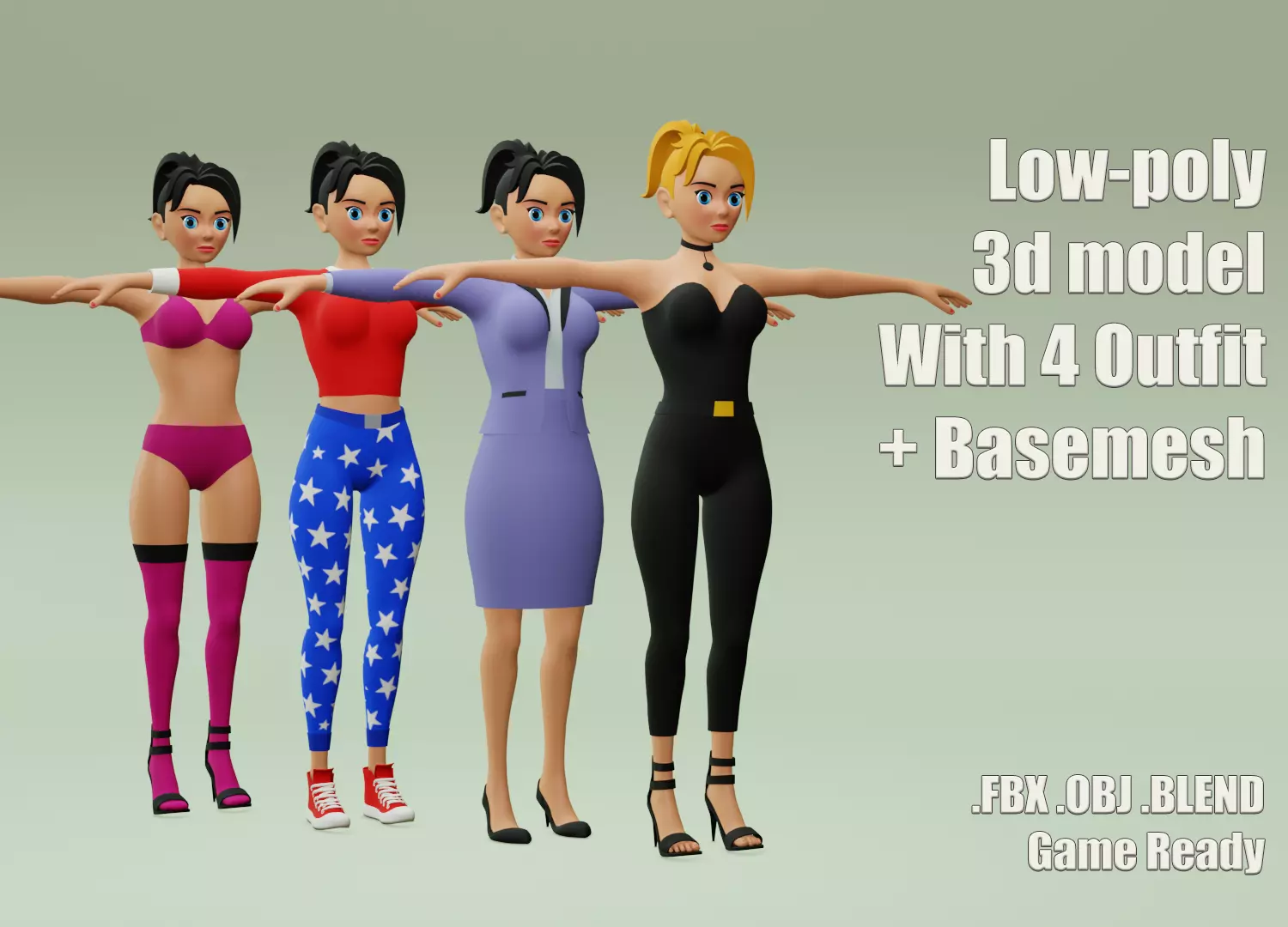 Female cartoon character with 4 outfit Low-poly 3D model_0
