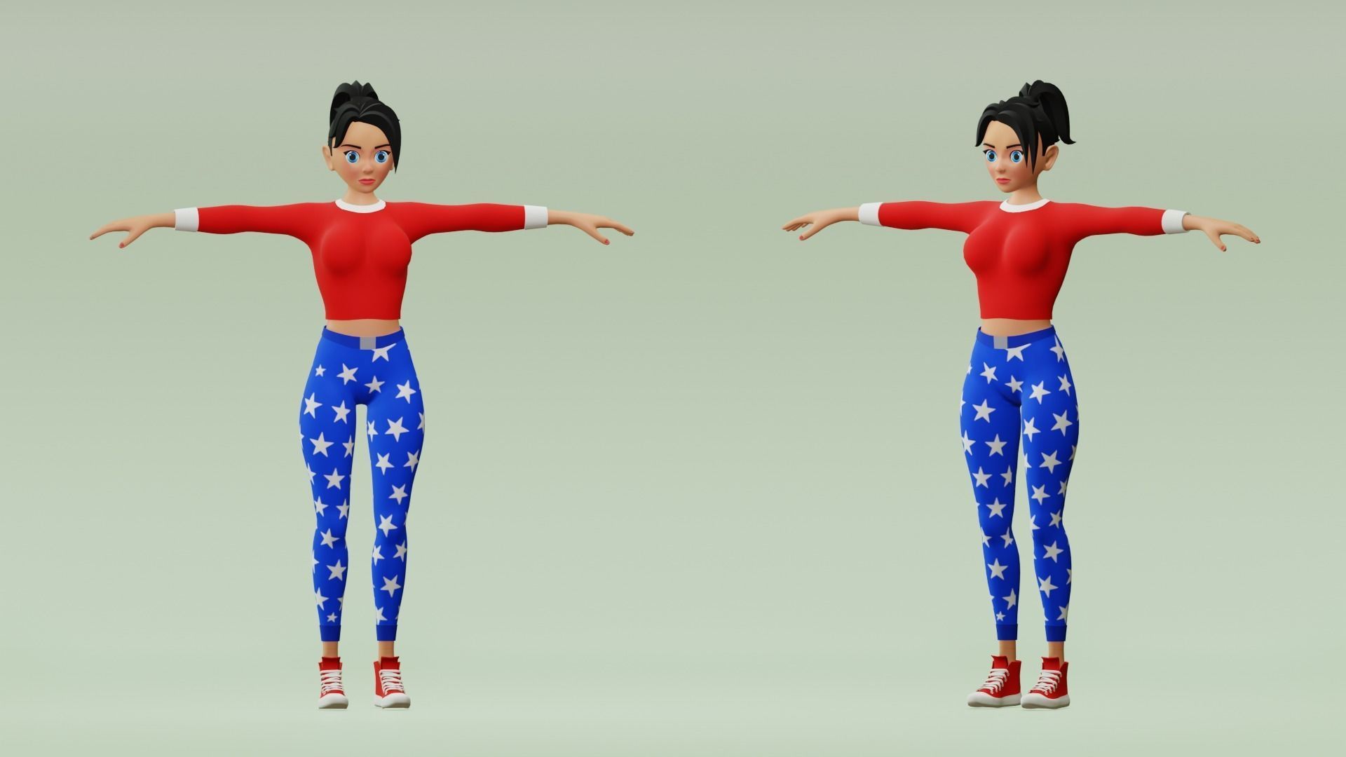Female cartoon character with 4 outfit Low-poly 3D model_8