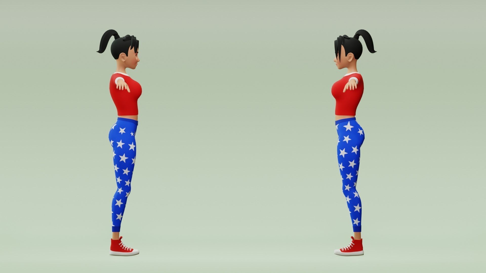 Female cartoon character with 4 outfit Low-poly 3D model_10