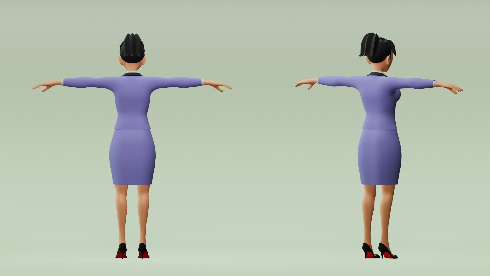 Female cartoon character with 4 outfit Low-poly 3D model_6