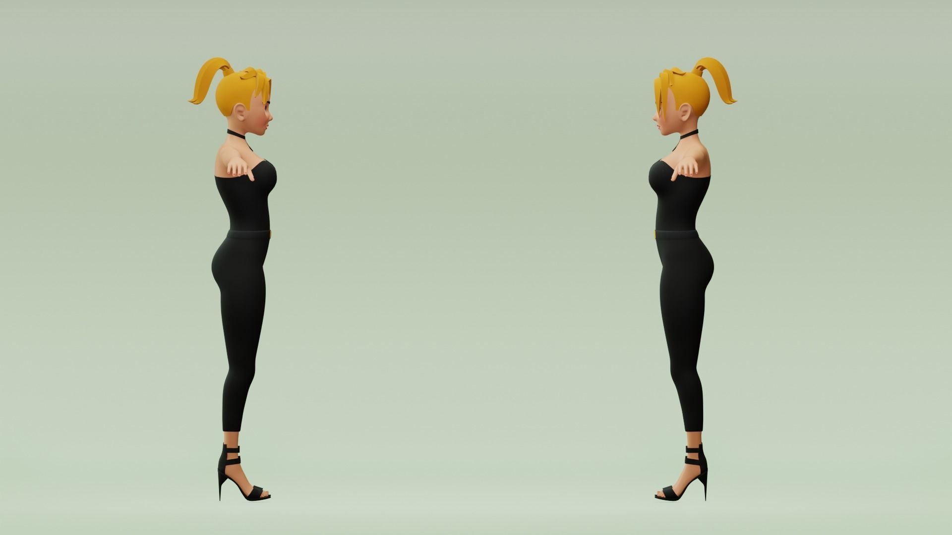 Female cartoon character with 4 outfit Low-poly 3D model_4