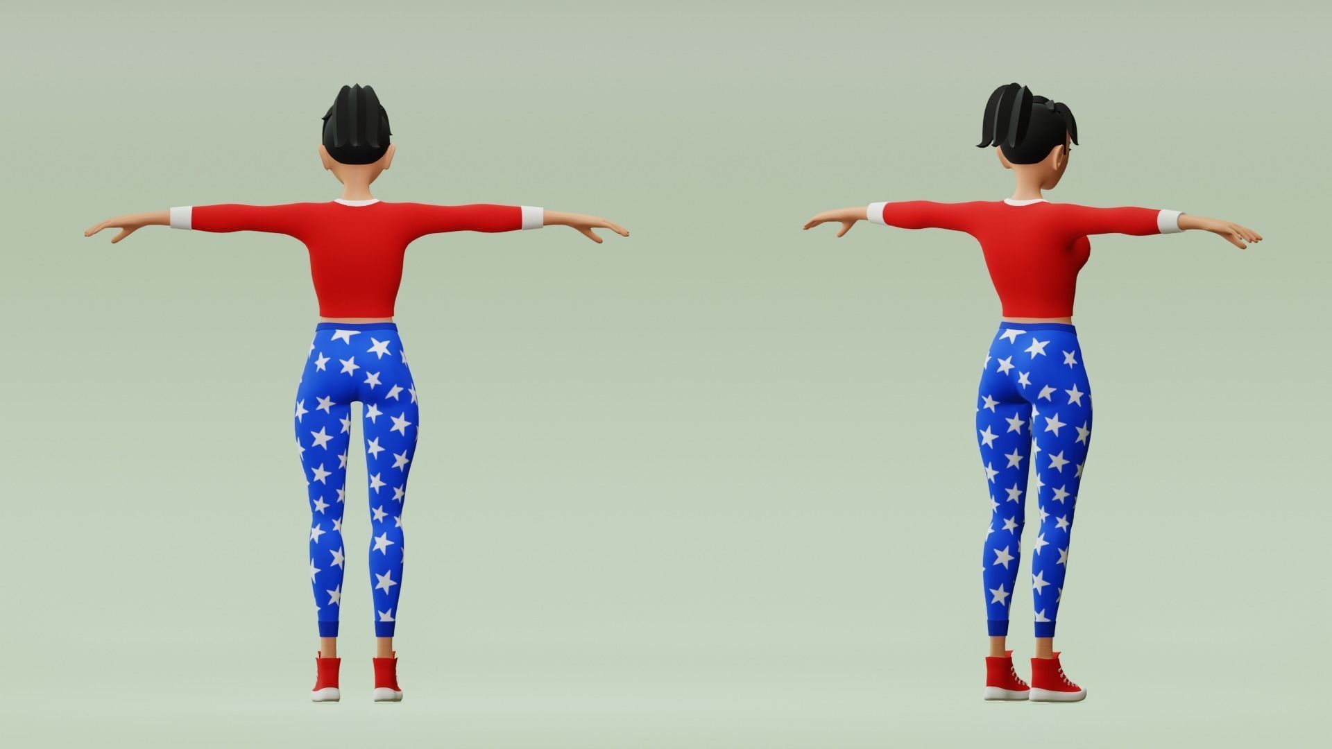 Female cartoon character with 4 outfit Low-poly 3D model_9