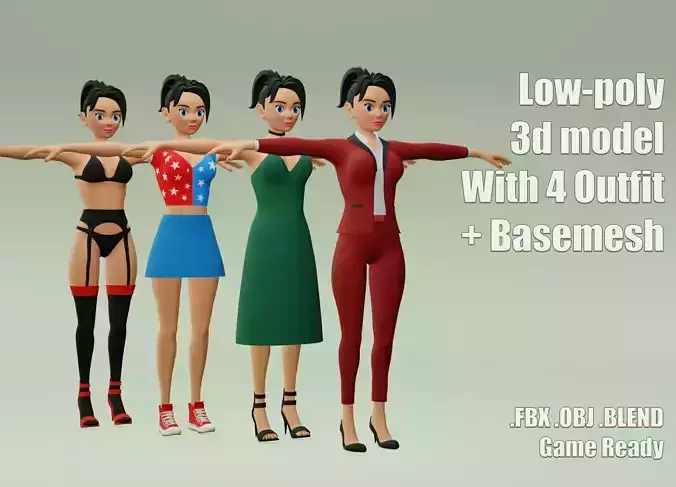 Female cartoon character with 4 outfit