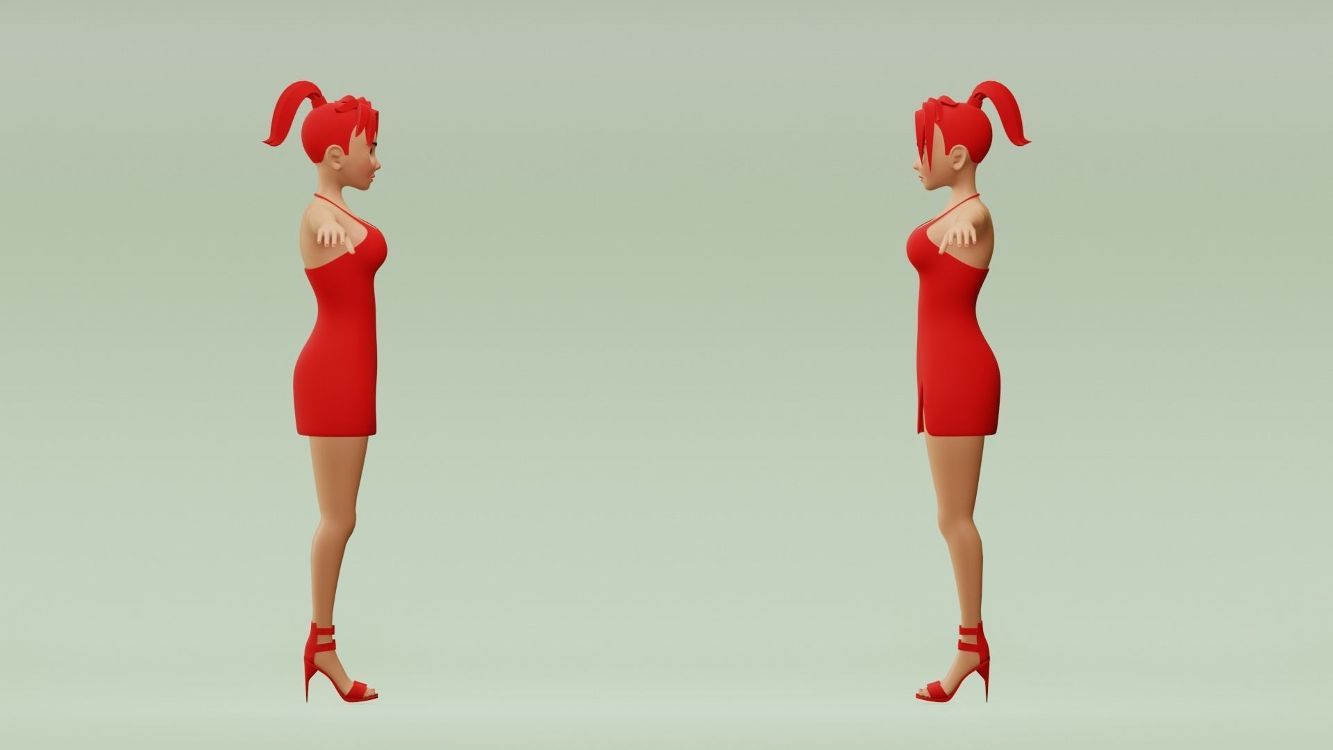 Female cartoon character with 4 outfit Low-poly 3D model_4