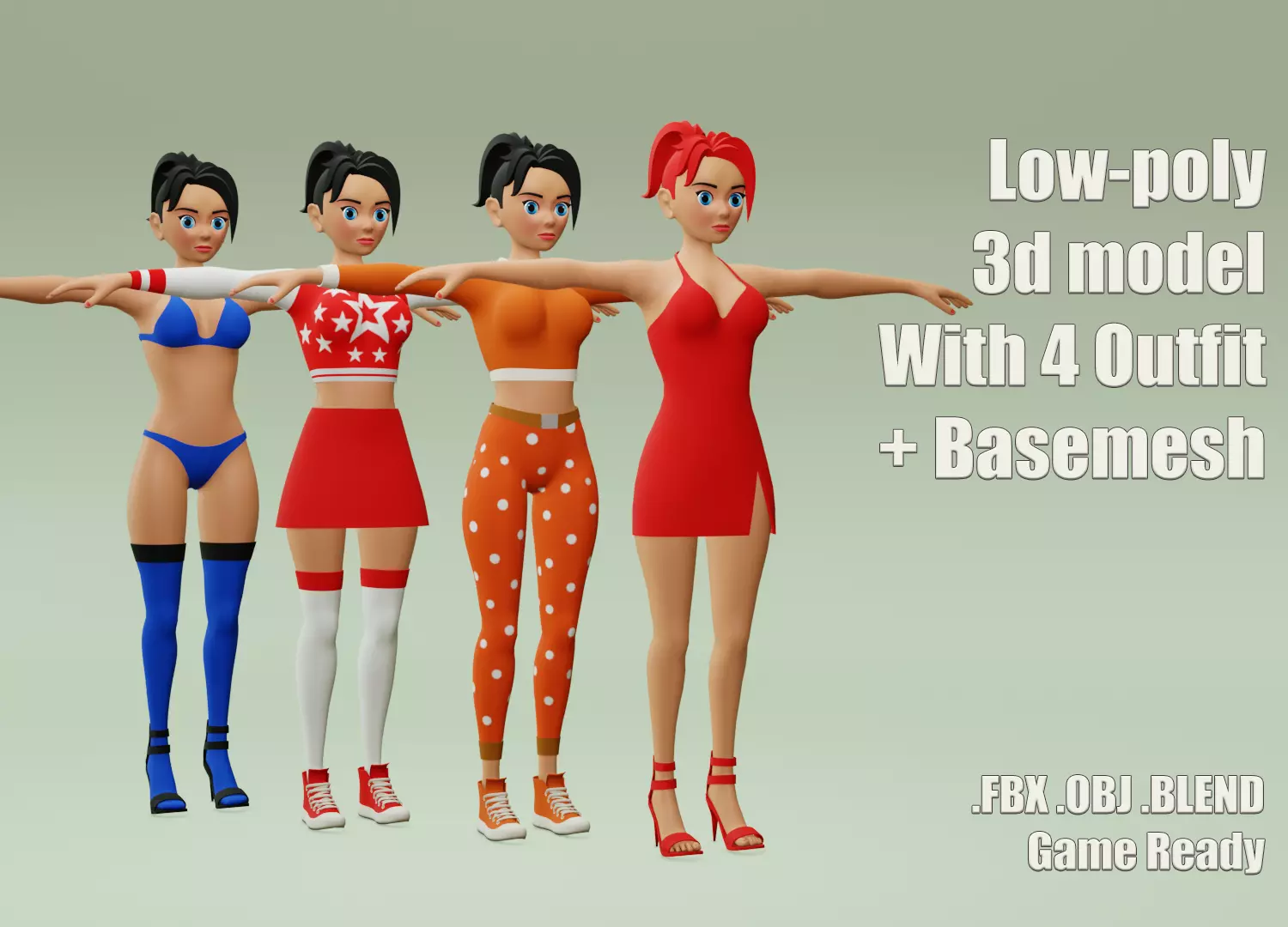 Female cartoon character with 4 outfit Low-poly 3D model_0