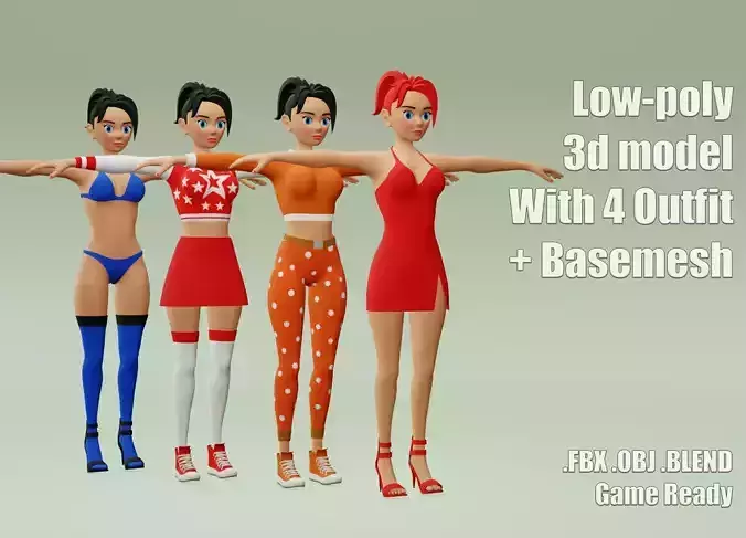 Female cartoon character with 4 outfit