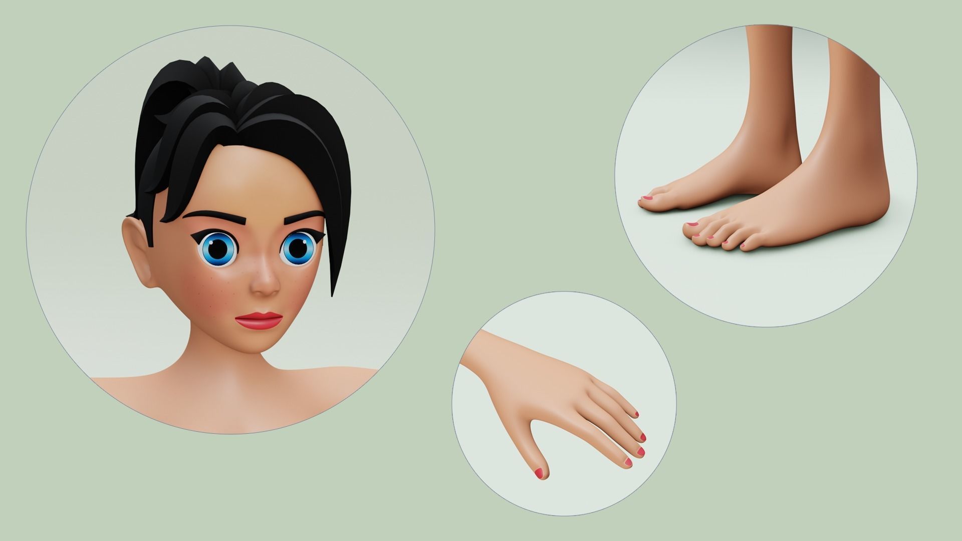 Female cartoon character with 4 outfit Low-poly 3D model_1