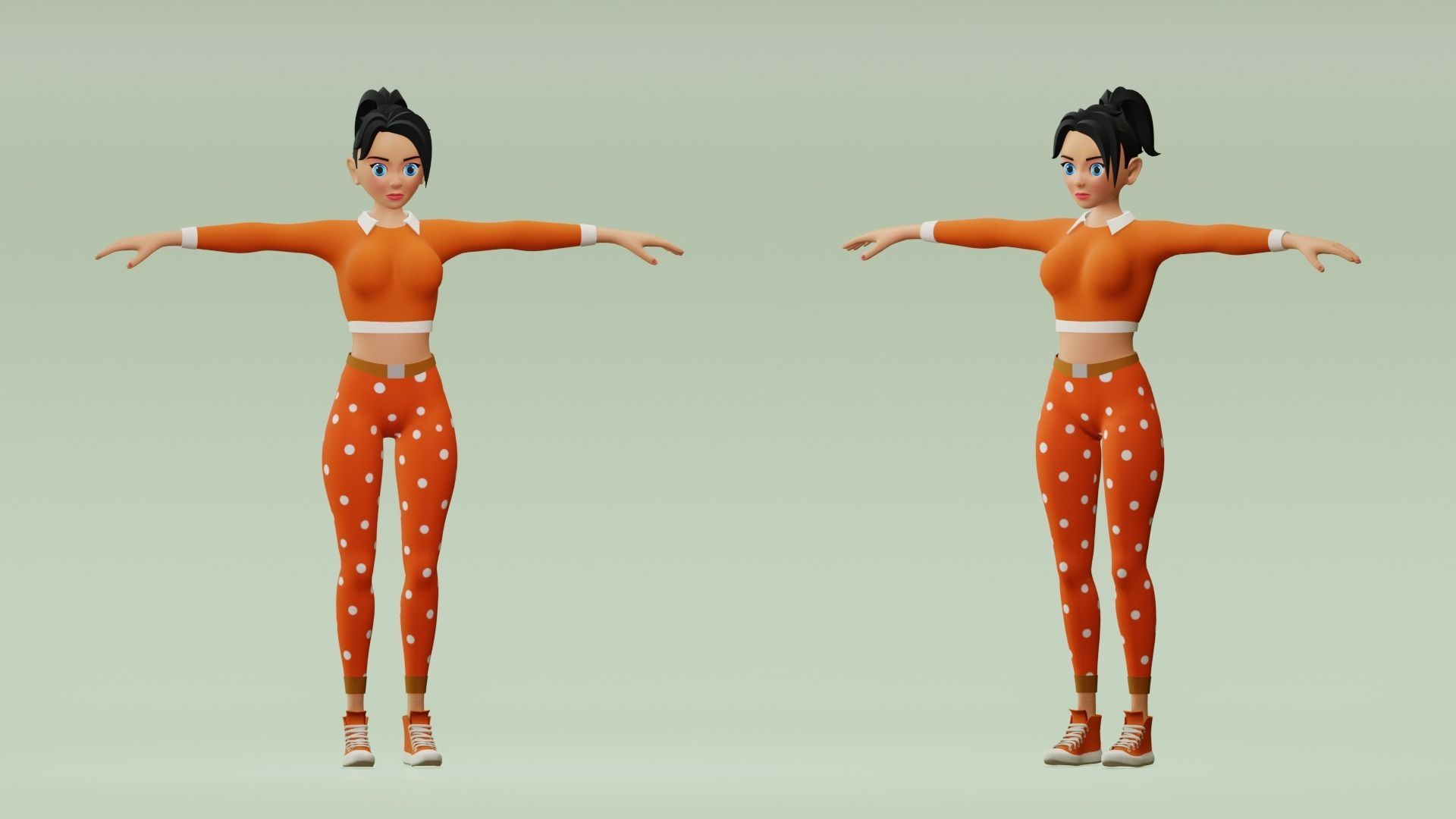 Female cartoon character with 4 outfit Low-poly 3D model_5