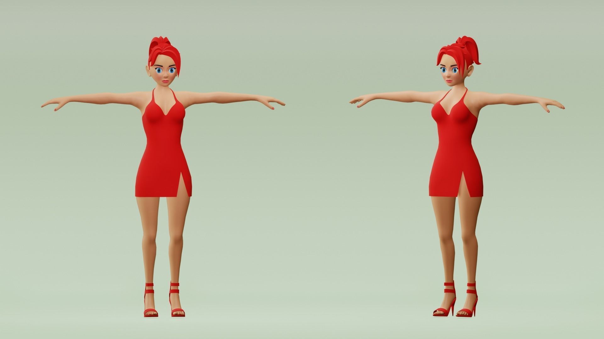 Female cartoon character with 4 outfit Low-poly 3D model_2