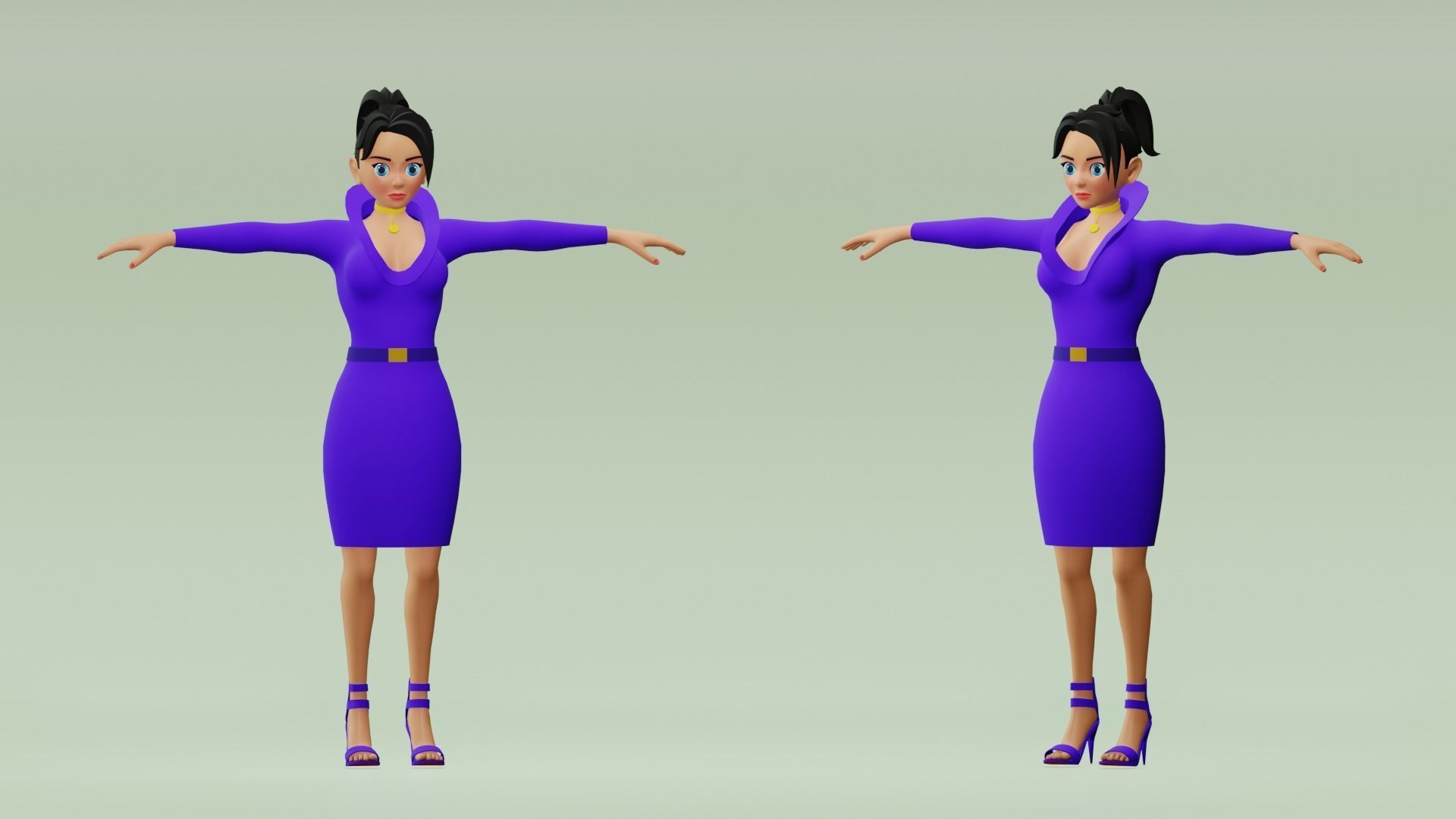 Female cartoon character with 4 outfit Low-poly 3D model_2