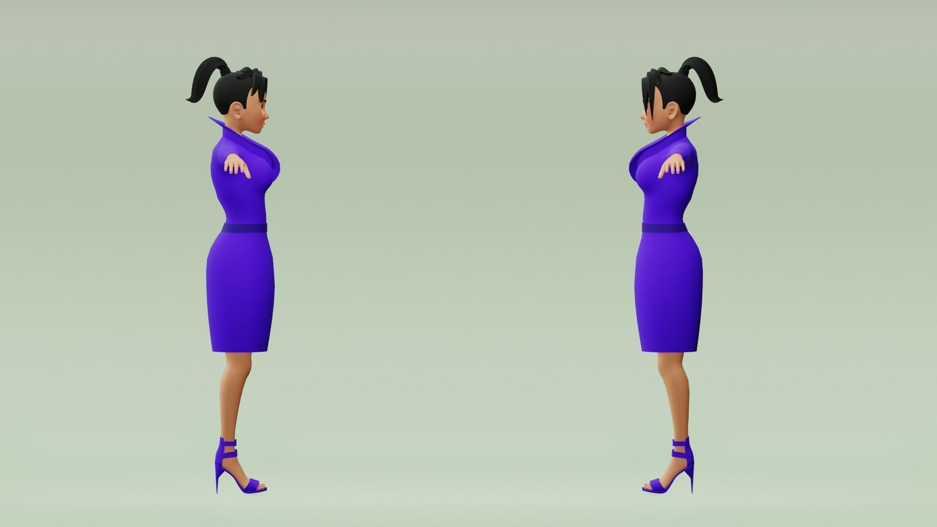 Female cartoon character with 4 outfit Low-poly 3D model_4