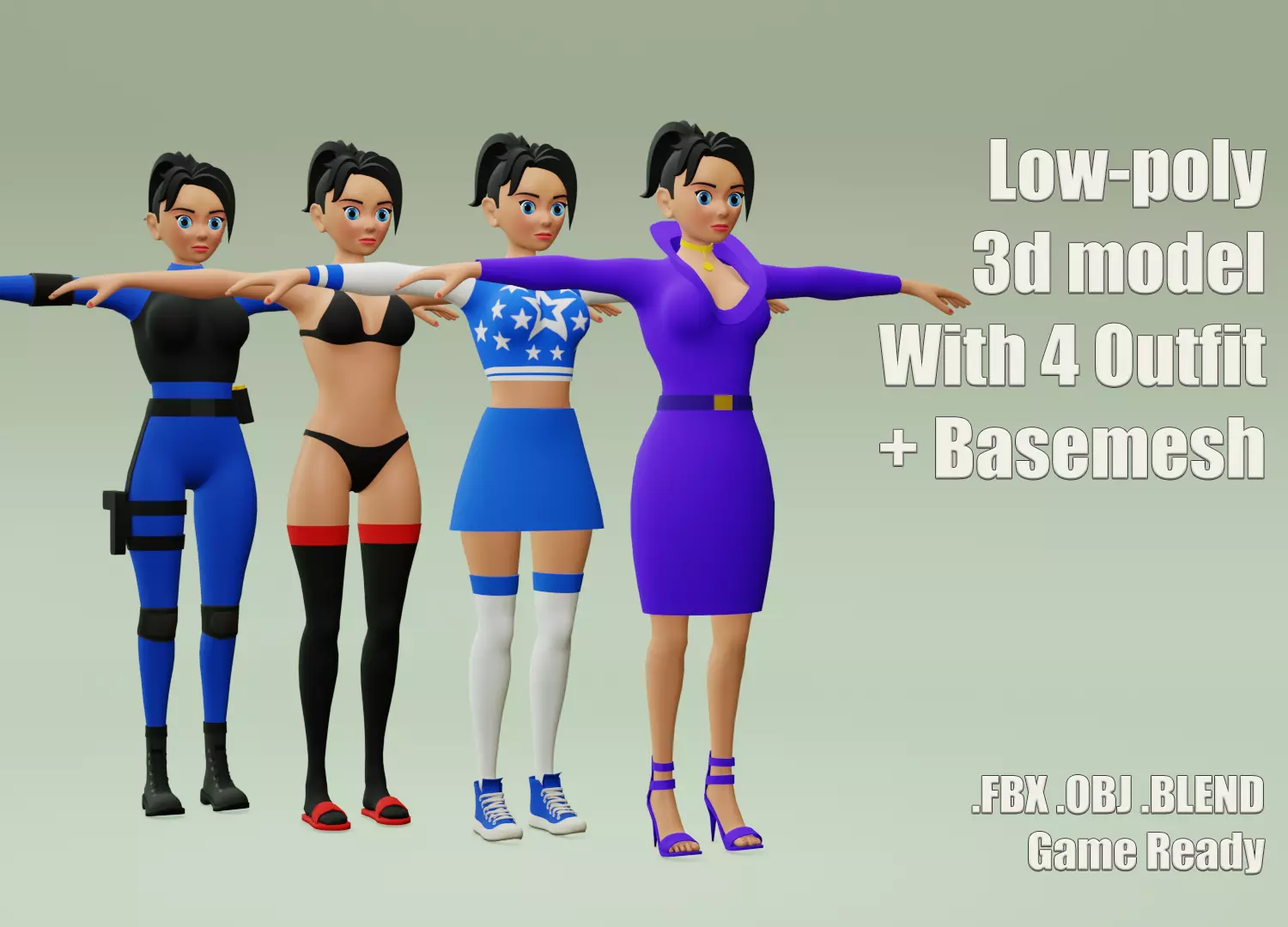 Female cartoon character with 4 outfit Low-poly 3D model_0