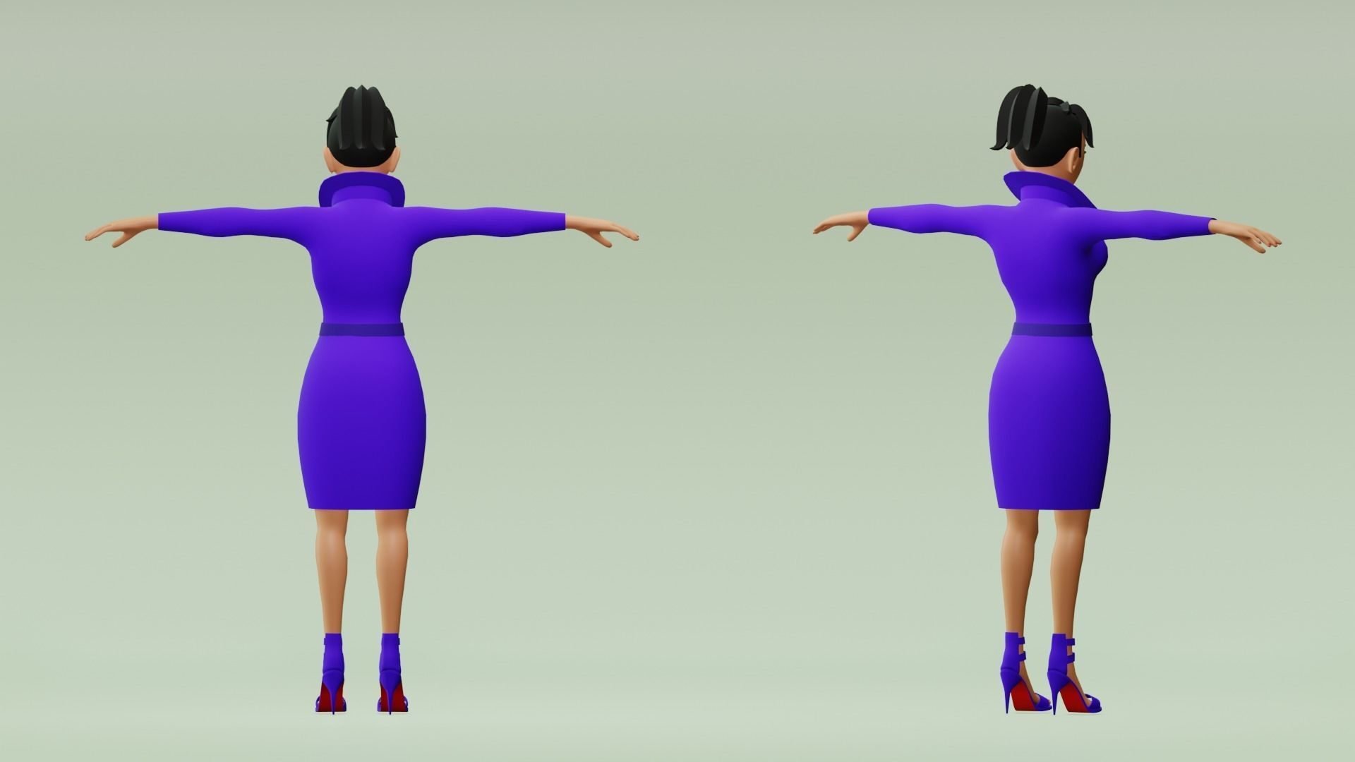 Female cartoon character with 4 outfit Low-poly 3D model_3