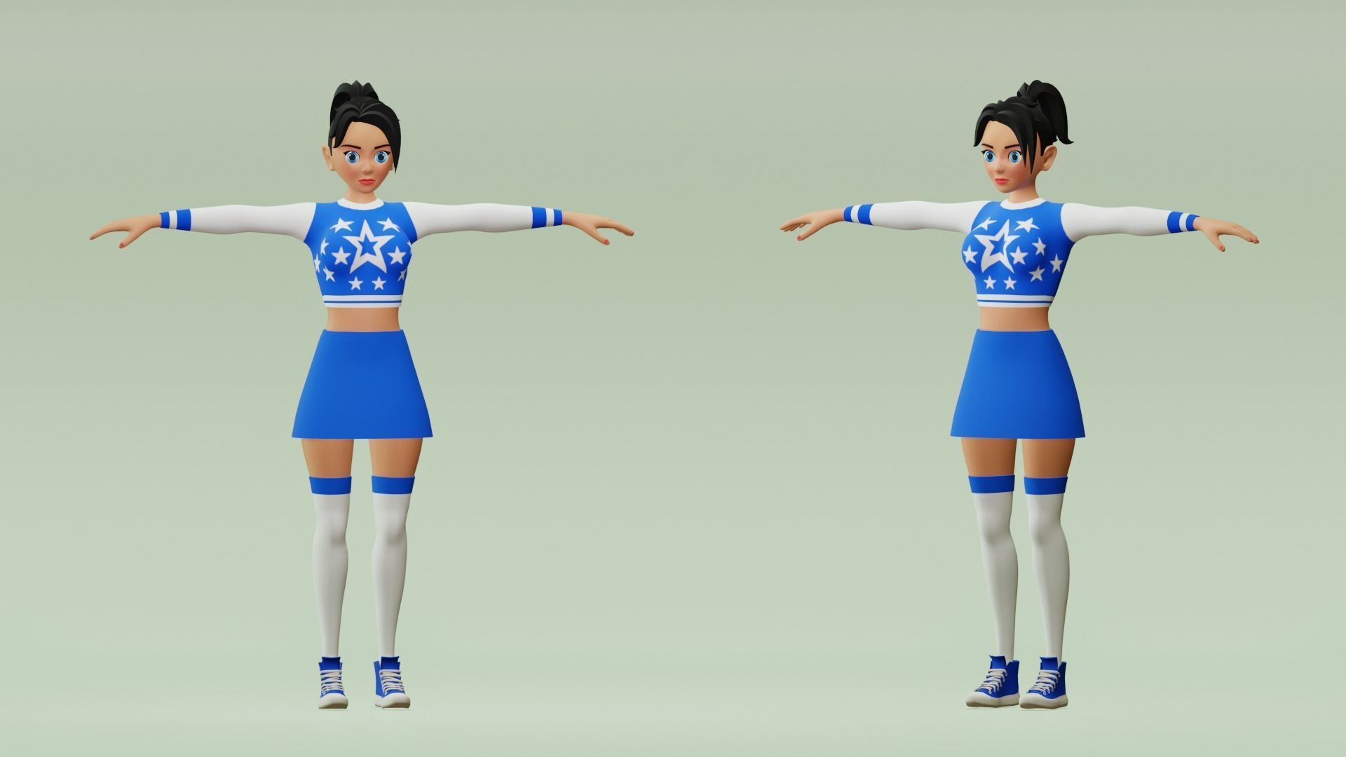 Female cartoon character with 4 outfit Low-poly 3D model_5