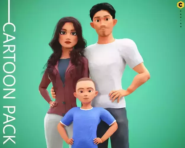 Cartoon character mini family pack rigged Low-poly 3D model