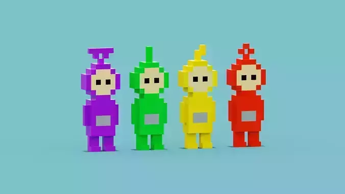 Teletubbies group of colorful pixel characters Low-poly 3D model