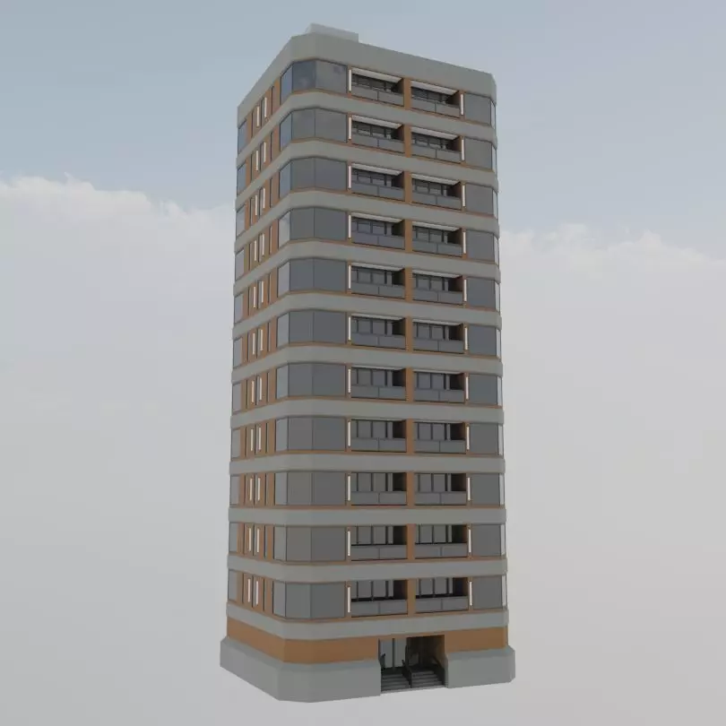Modern High-Rise Studio Apartment Building Low-poly 3D model_0