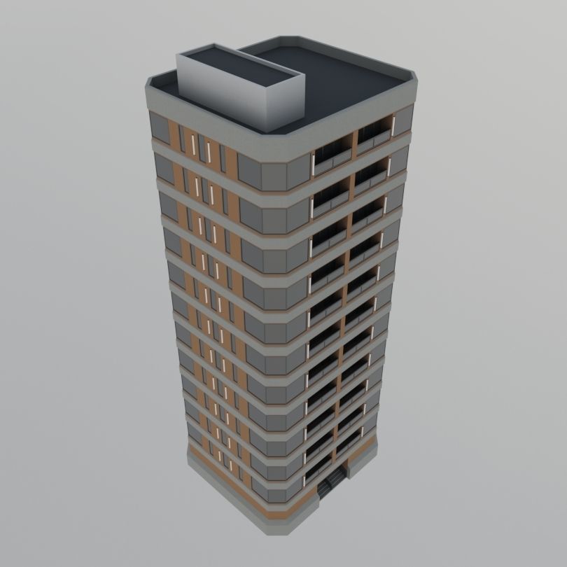 Modern High-Rise Studio Apartment Building Low-poly 3D model_4