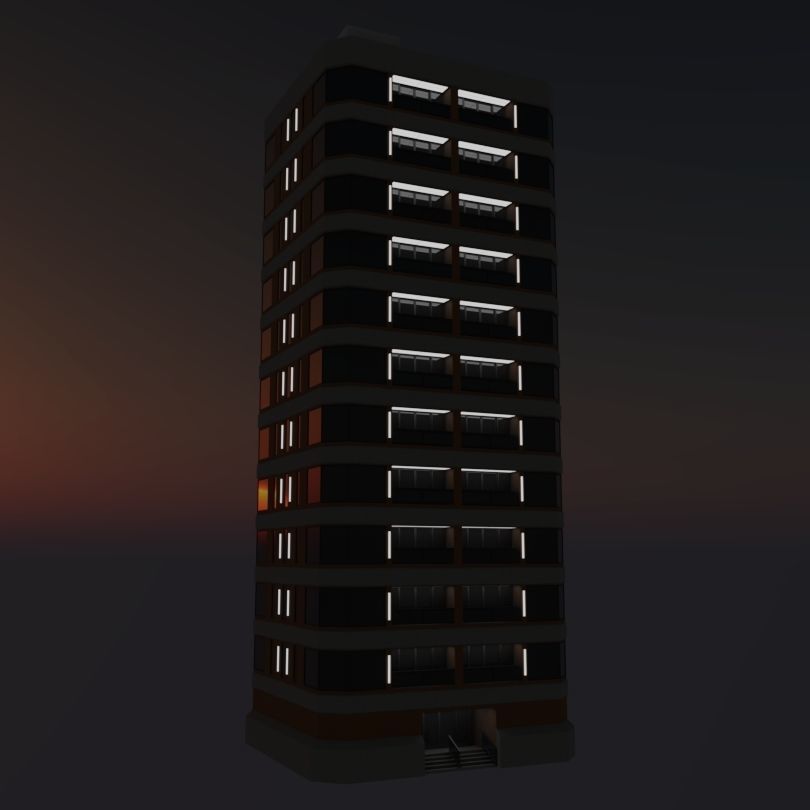 Modern High-Rise Studio Apartment Building Low-poly 3D model_1