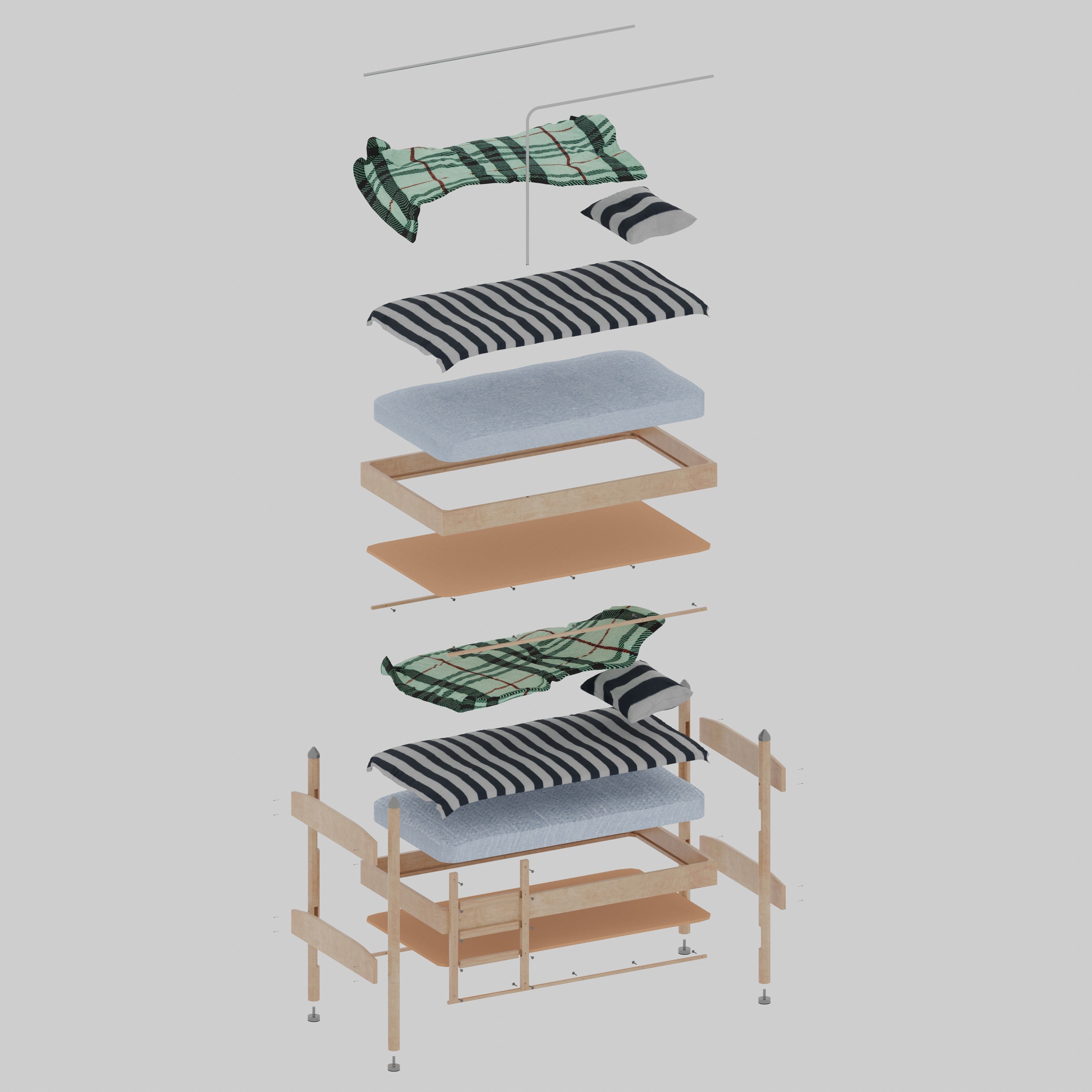 Wooden modular bunk bed 3D model_5