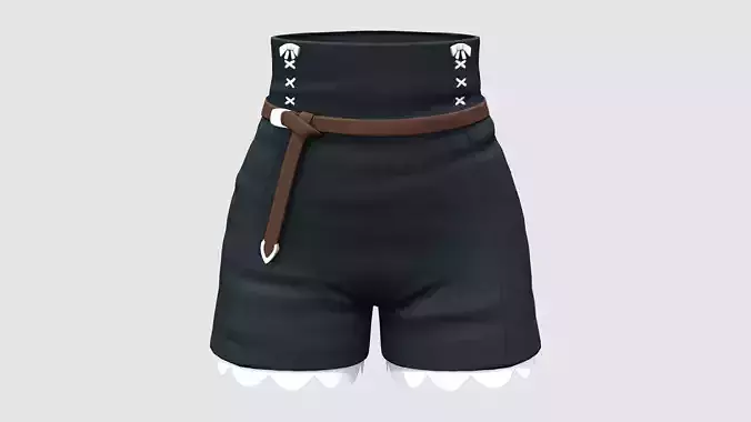 High Waist Shorts Belt Scallops Stitch Decorated Black Dark Navy